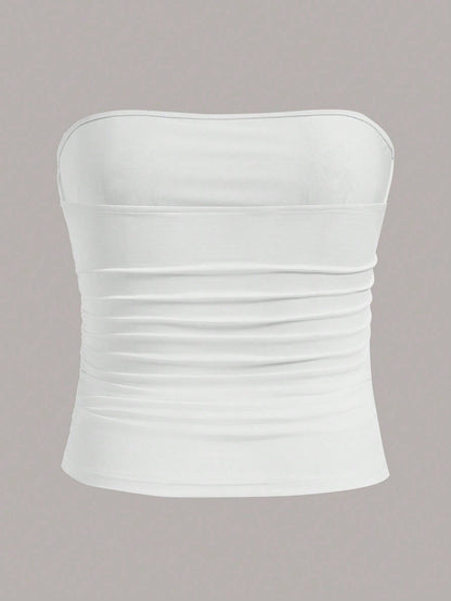 Calvaya Plus Size Women Solid Color Pleated Ruched Casual Top