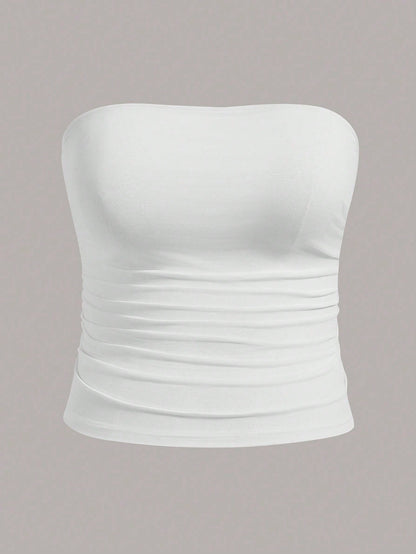 Calvaya Plus Size Women Solid Color Pleated Ruched Casual Top