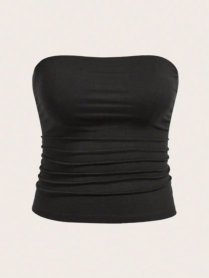 Calvaya Plus Size Women Solid Color Pleated Ruched Casual Top