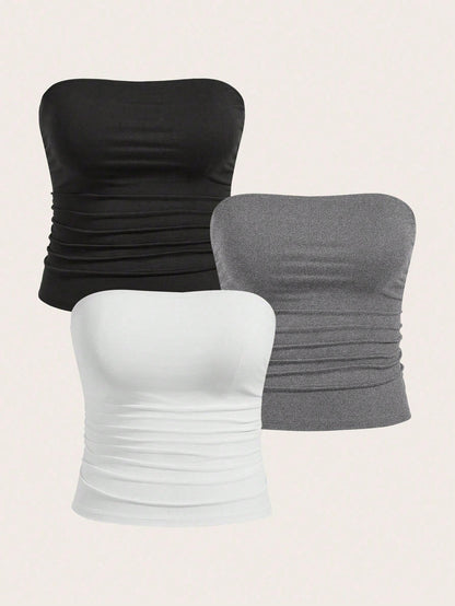 Calvaya Plus Size Women Solid Color Pleated Ruched Casual Top