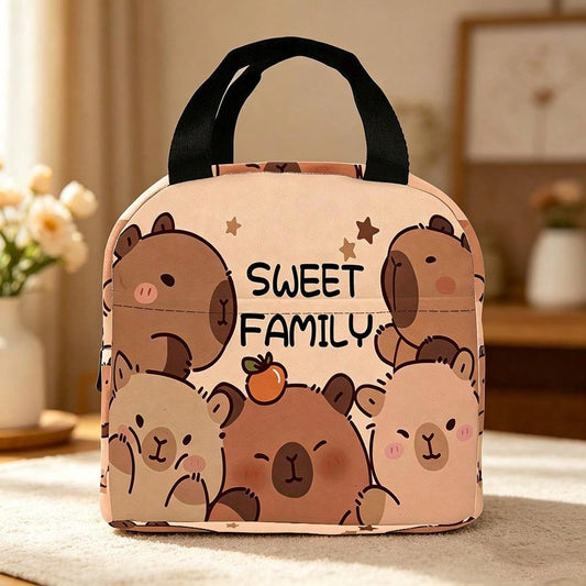 Capybara Family Pattern Insulated Reusable Lunch Bag, Large Capacity Side Pocket Tote For Work Picnic Travel