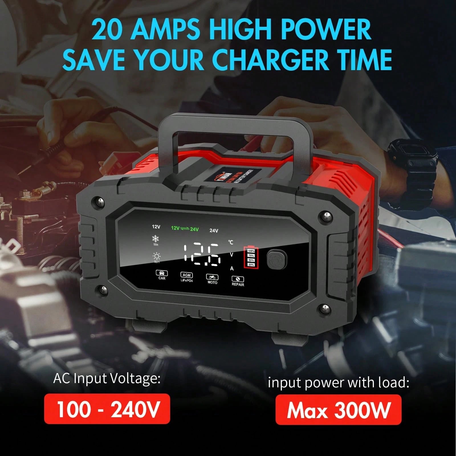 Car Battery Charger,12V20A/24V10A 300W Car Charger, Battery Maintainer, Trickle Charger, Float Charger And Desulfator For Motorcycle, Car, Truck, LiFePo4, AGM,EFB,GEL, CA, Battery Usage