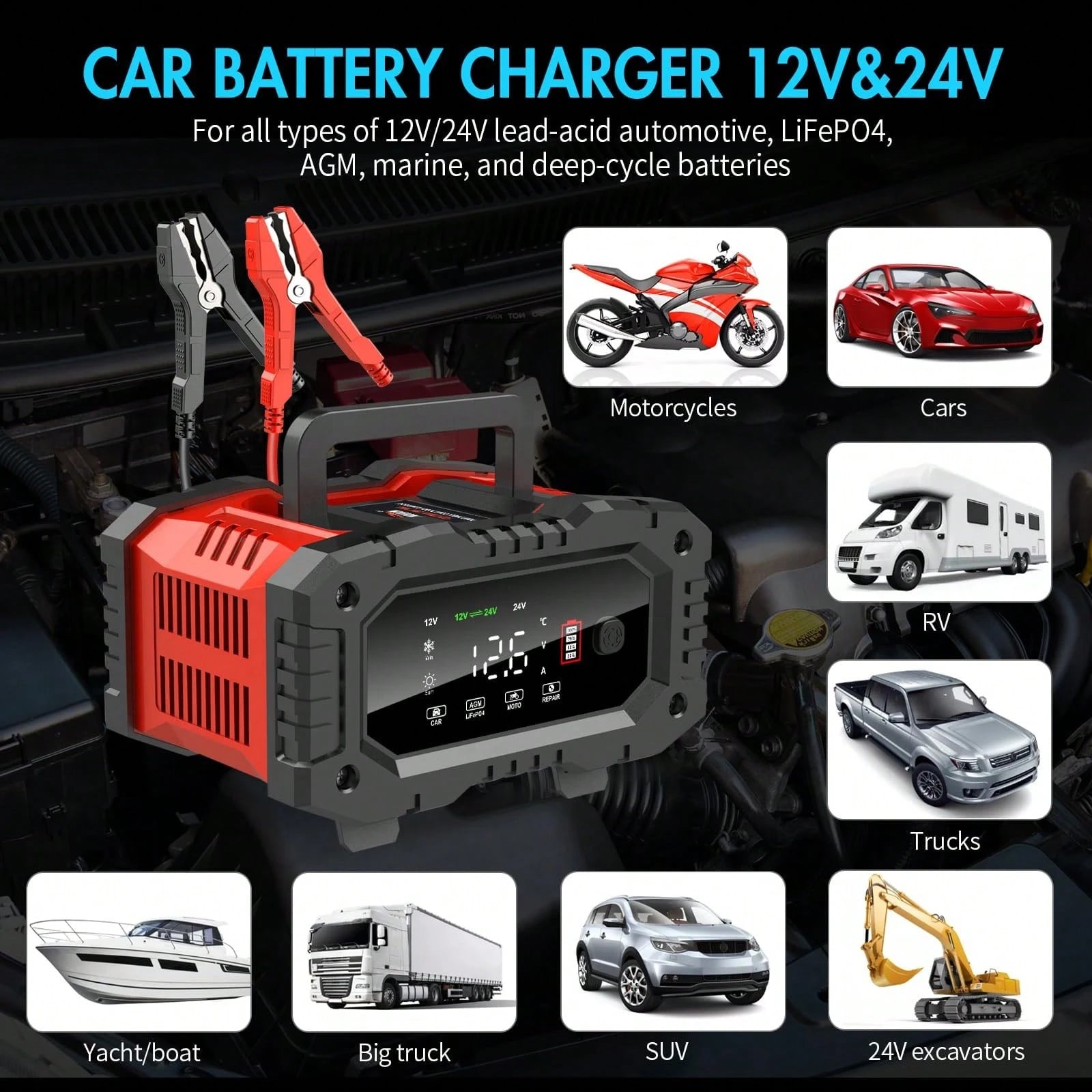 Car Battery Charger,12V20A/24V10A 300W Car Charger, Battery Maintainer, Trickle Charger, Float Charger And Desulfator For Motorcycle, Car, Truck, LiFePo4, AGM,EFB,GEL, CA, Battery Usage