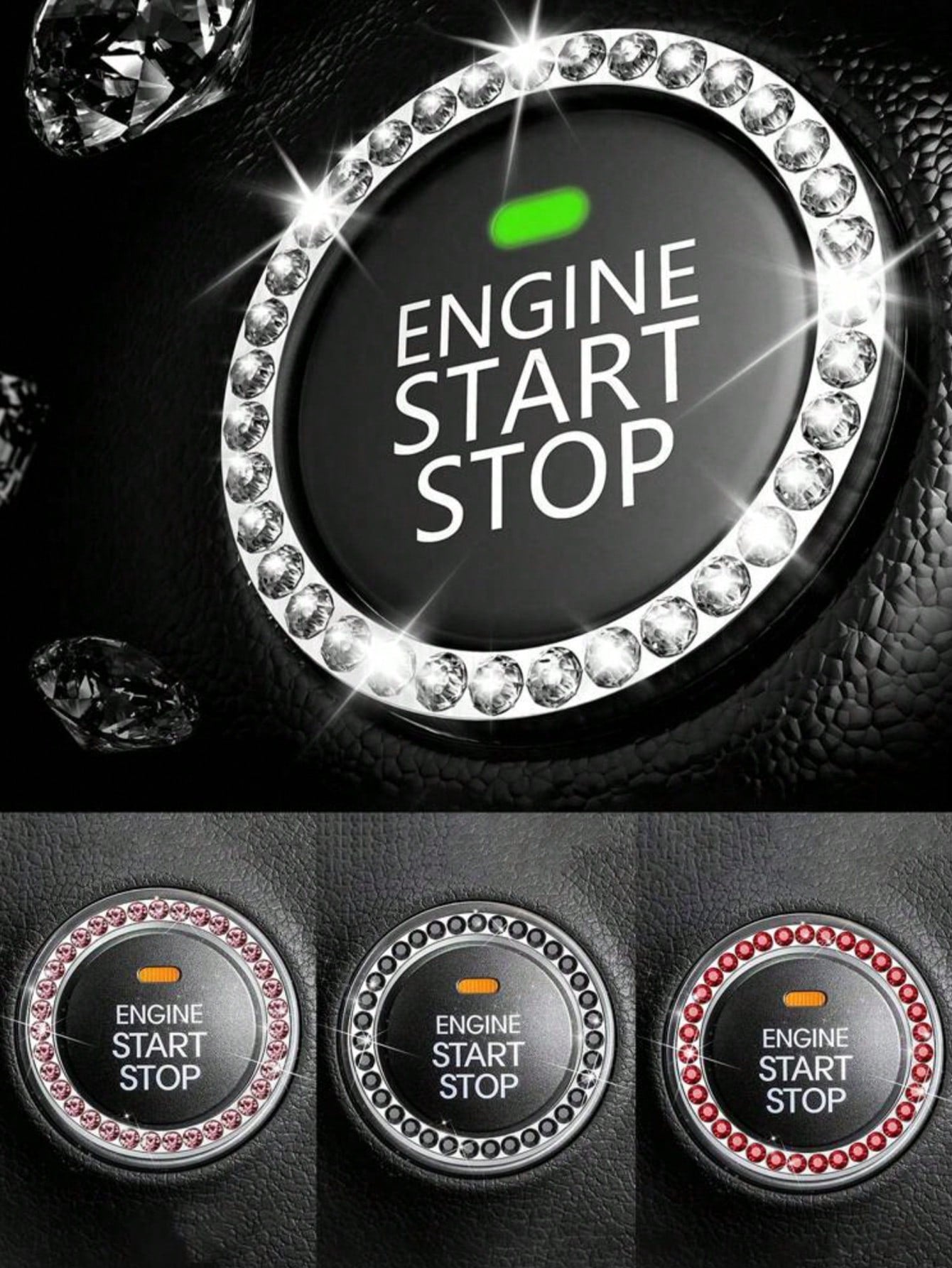 Car Interior Decor Logo Stickers, Shiny Rhinestone Car Ring Accessory For Women, Car Parts Ignition Start Button And Key Ignition Starter And Knob Ring, Shiny Rhinestone Car Badge Sticker, Car Interio