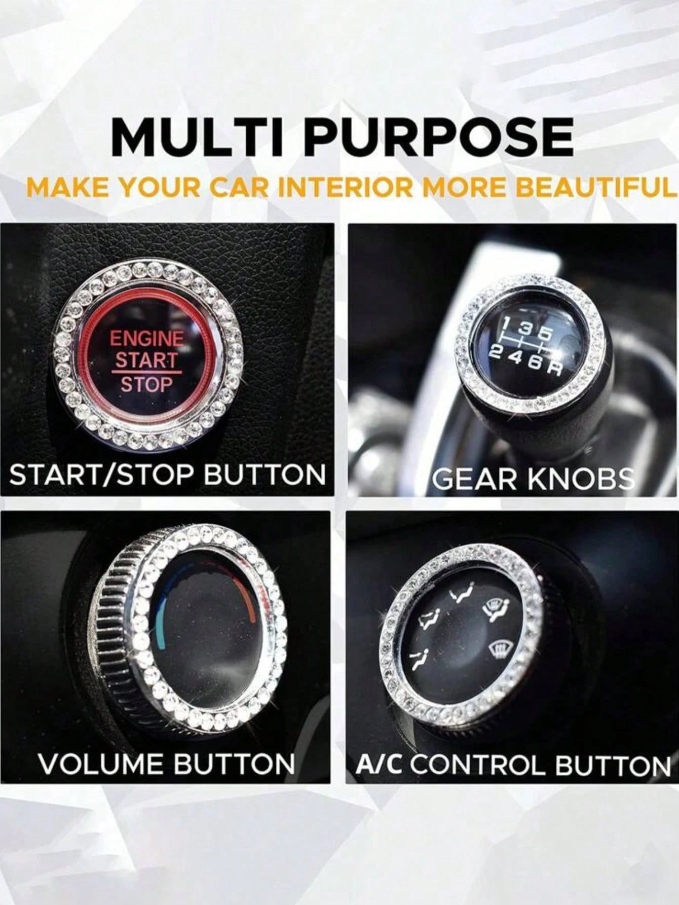 Car Interior Decor Logo Stickers, Shiny Rhinestone Car Ring Accessory For Women, Car Parts Ignition Start Button And Key Ignition Starter And Knob Ring, Shiny Rhinestone Car Badge Sticker, Car Interio