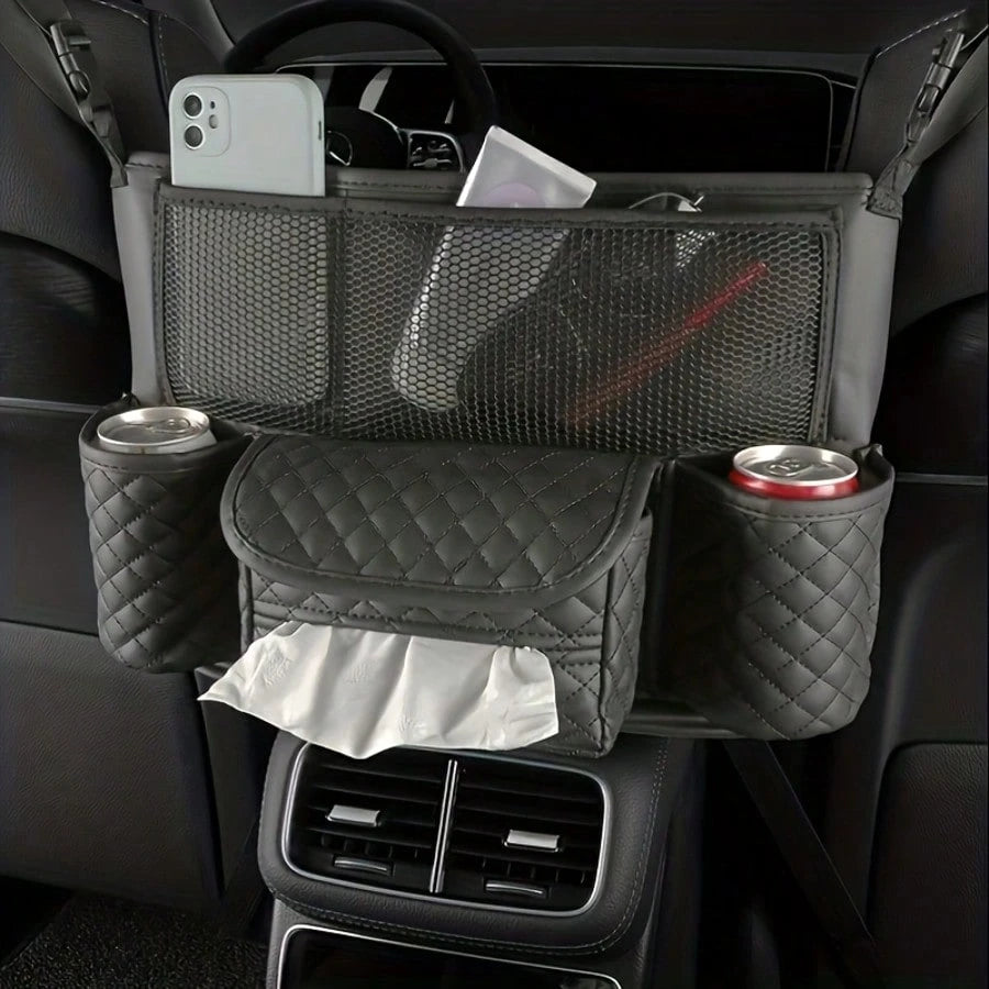 Car Net Pocket Handbag Holder Between Seats, Large Capacity Plaid Leather Purse Holder And Multi-Function Automotive Organizer And Storage For Car Center Console, Black