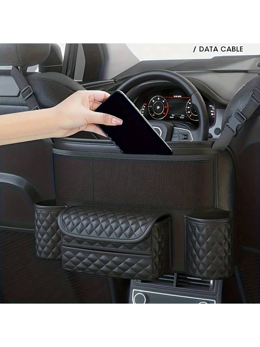 Car Net Pocket Handbag Holder Between Seats, Large Capacity Plaid Leather Purse Holder And Multi-Function Automotive Organizer And Storage For Car Center Console, Black