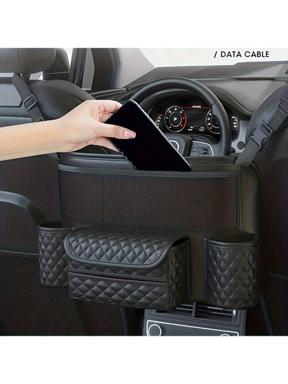 Car Net Pocket Handbag Holder Between Seats, Large Capacity Plaid Leather Purse Holder And Multi-Function Automotive Organizer And Storage For Car Center Console, Black