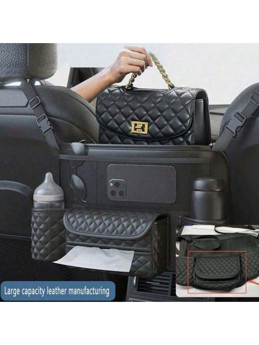 Car Net Pocket Handbag Holder Between Seats, Large Capacity Plaid Leather Purse Holder And Multi-Function Automotive Organizer And Storage For Car Center Console, Black