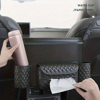 Car Net Pocket Handbag Holder Between Seats, Large Capacity Plaid Leather Purse Holder And Multi-Function Automotive Organizer And Storage For Car Center Console, Black