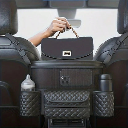 Car Net Pocket Handbag Holder Between Seats, Large Capacity Plaid Leather Purse Holder And Multi-Function Automotive Organizer And Storage For Car Center Console, Black