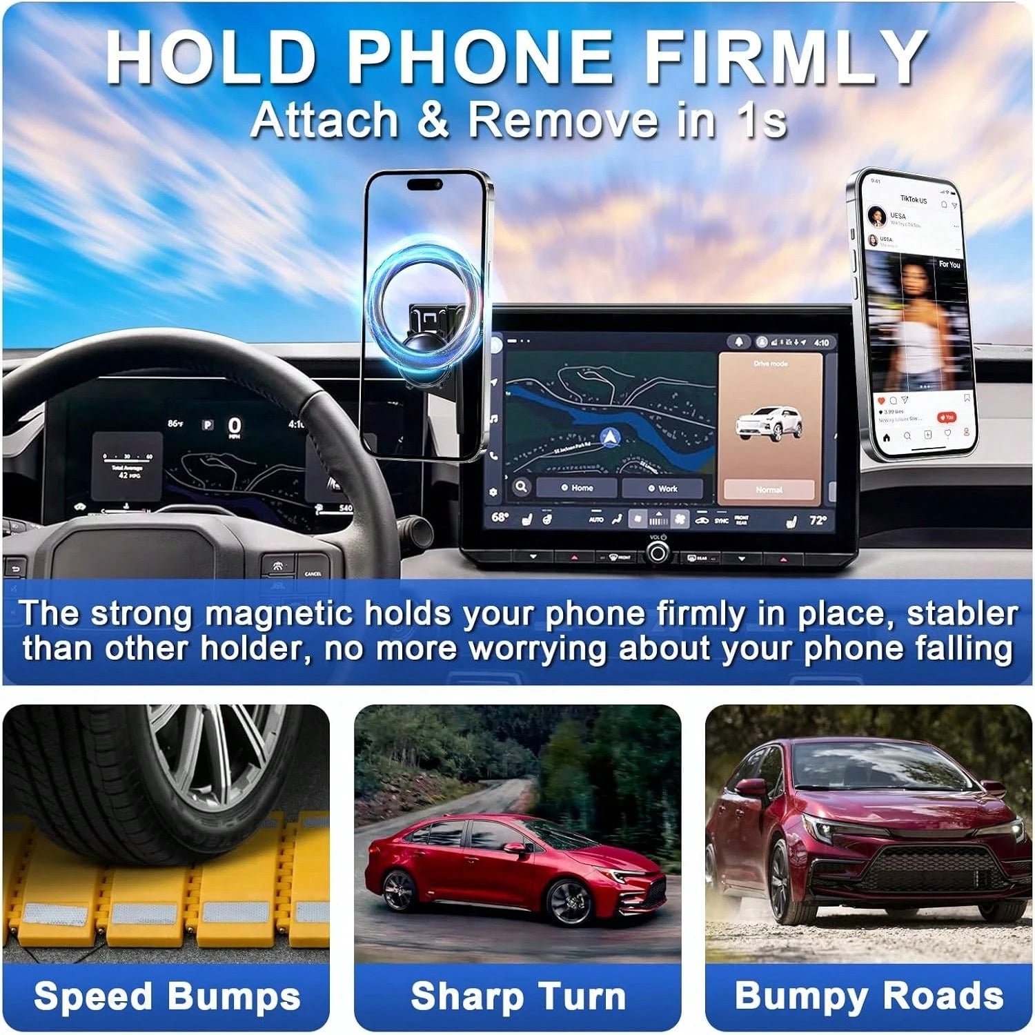 Car Phone Holder For 2019-2025 RAV4 Accessories 7/8-Inch| Screen Fixed Clip, Strong Magnetic Cell Phone Mount Compatible With MagSafe, 360 ° Hands-Free, Not Block Air Vent