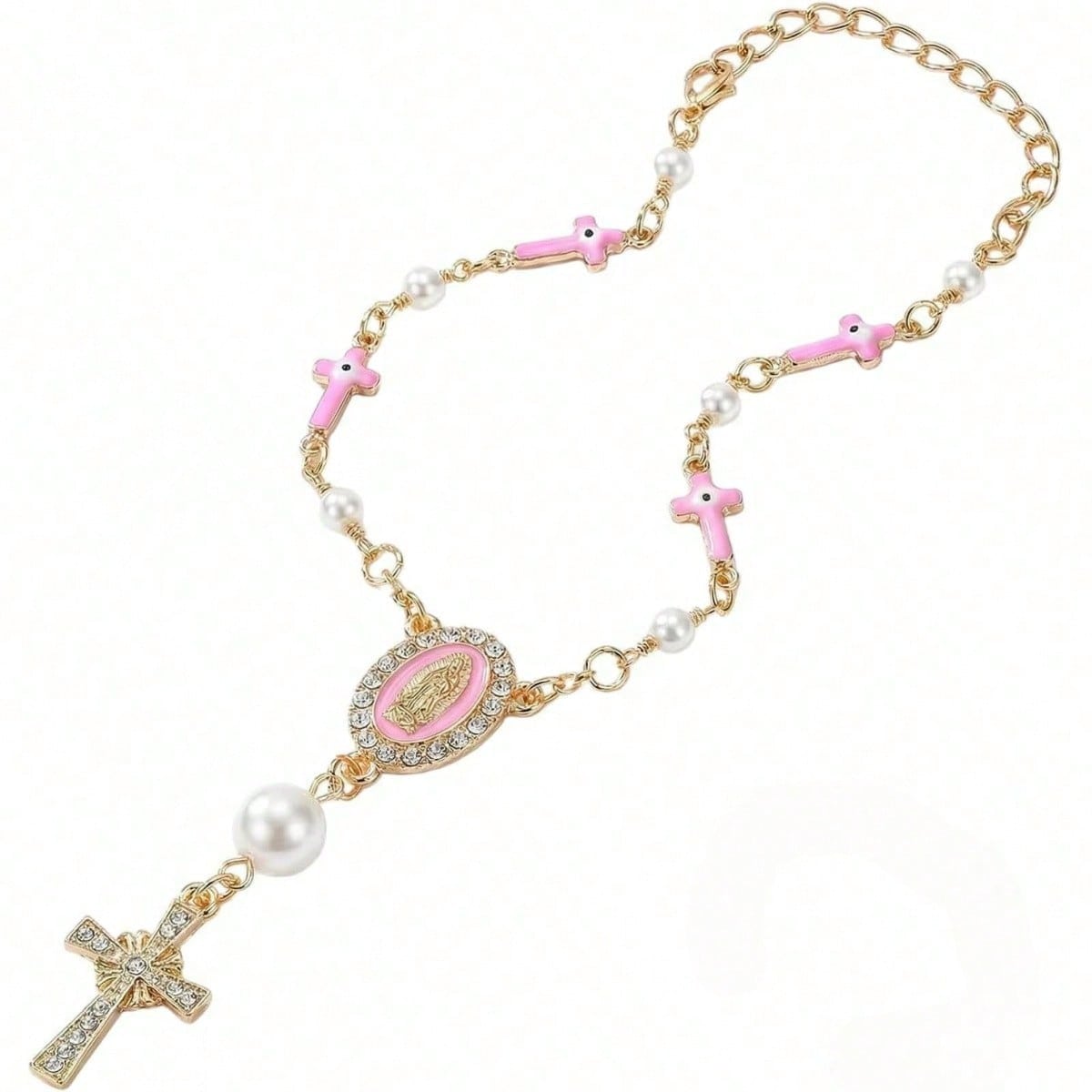 Car Rosary For Rearview Mirror, Evil Eye Pendant Car Interior Rear View Mirror Charm Auto Decors, Car Medal And Cross Personalized Hanging Accessories For Women Men (Cross Pink)