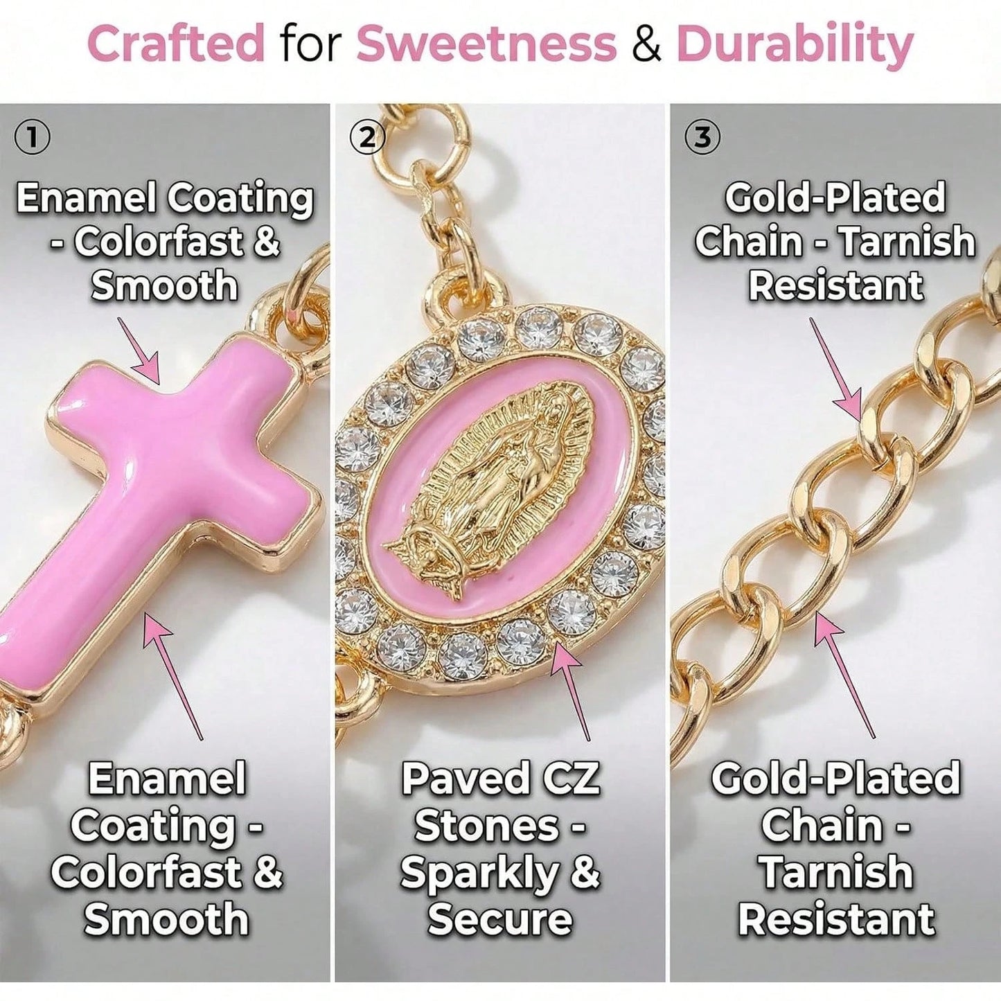 Car Rosary For Rearview Mirror, Evil Eye Pendant Car Interior Rear View Mirror Charm Auto Decors, Car Medal And Cross Personalized Hanging Accessories For Women Men (Cross Pink)
