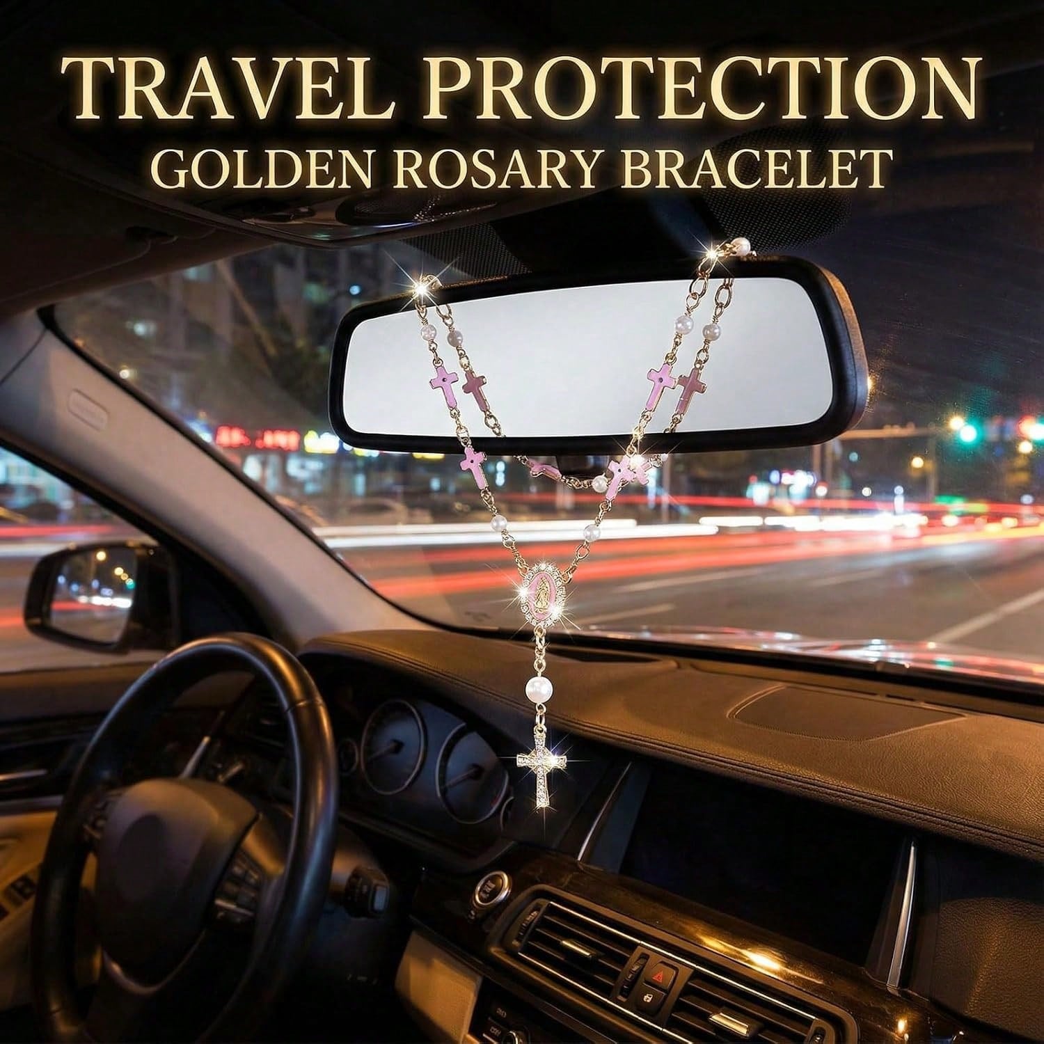 Car Rosary For Rearview Mirror, Evil Eye Pendant Car Interior Rear View Mirror Charm Auto Decors, Car Medal And Cross Personalized Hanging Accessories For Women Men (Cross Pink)