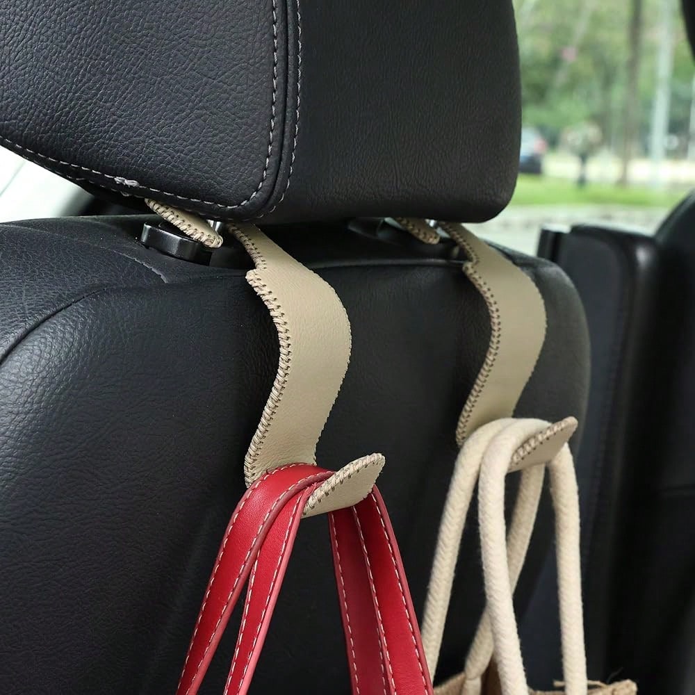 Car Seat Headrest Hooks 4 Pack Metal Core Hanger For Bags Holds 55lbs| Fiber Leather, Durable Metal, Car Hanger For Backpack Umbrella
