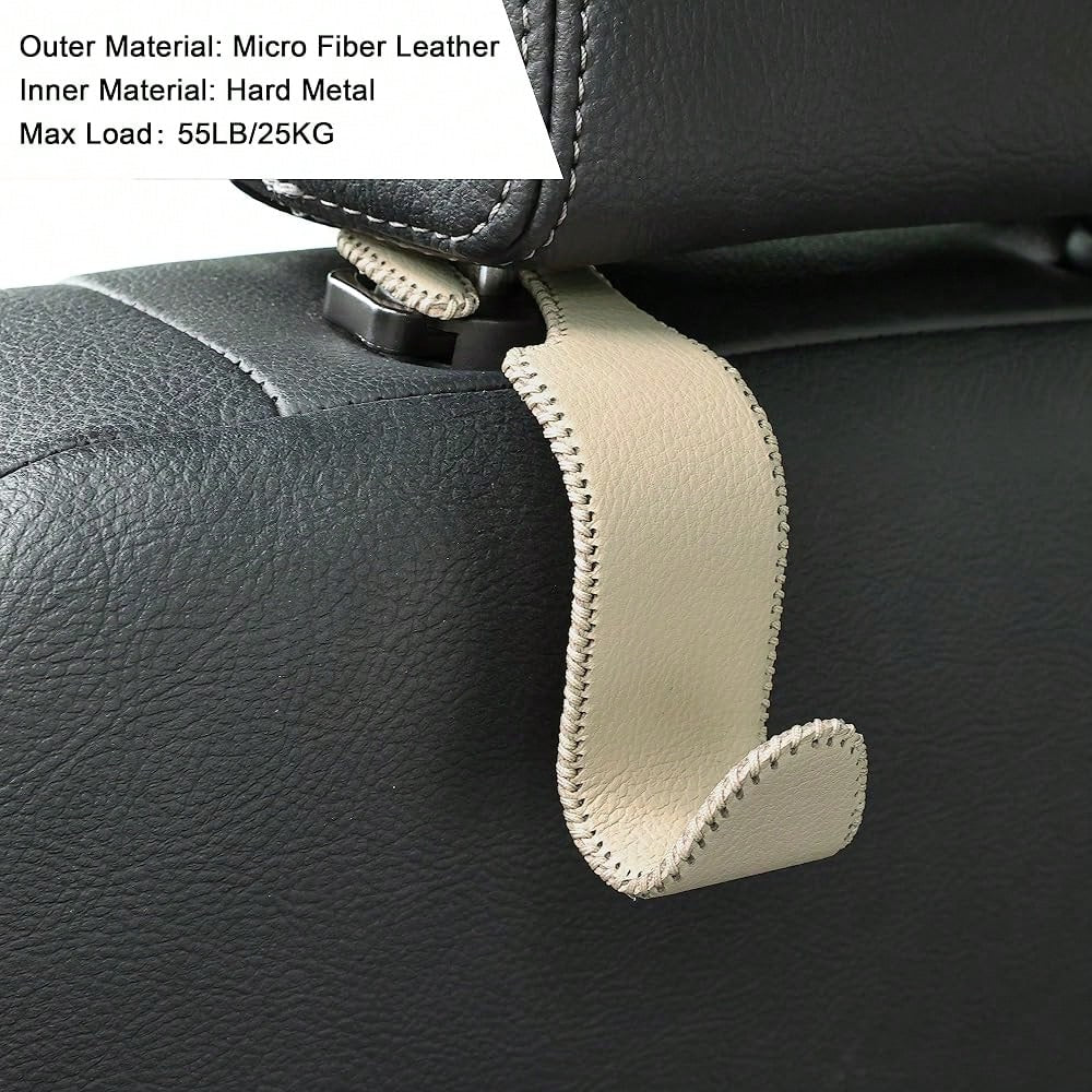 Car Seat Headrest Hooks 4 Pack Metal Core Hanger For Bags Holds 55lbs| Fiber Leather, Durable Metal, Car Hanger For Backpack Umbrella