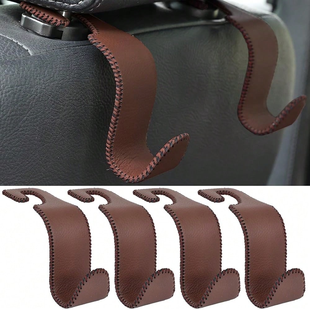 Car Seat Headrest Hooks 4 Pack Metal Core Hanger For Bags Holds 55lbs| Fiber Leather, Durable Metal, Car Hanger For Backpack Umbrella
