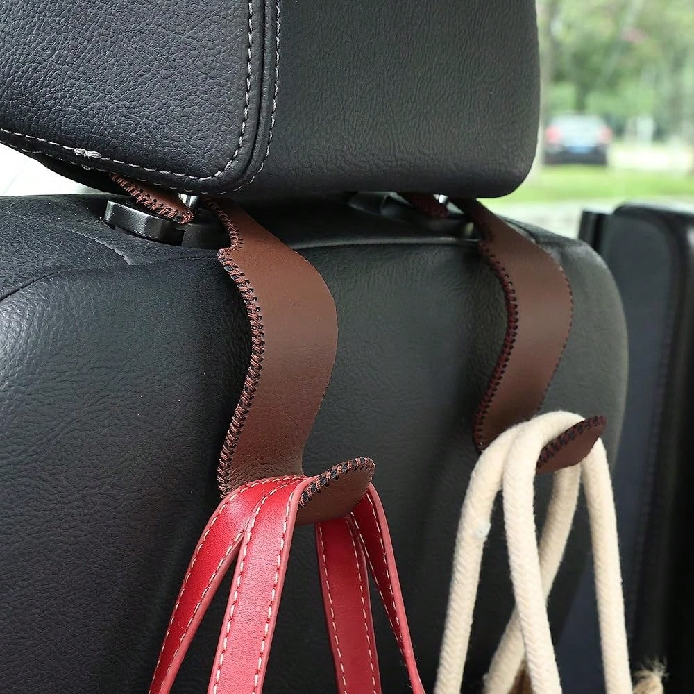 Car Seat Headrest Hooks 4 Pack Metal Core Hanger For Bags Holds 55lbs| Fiber Leather, Durable Metal, Car Hanger For Backpack Umbrella