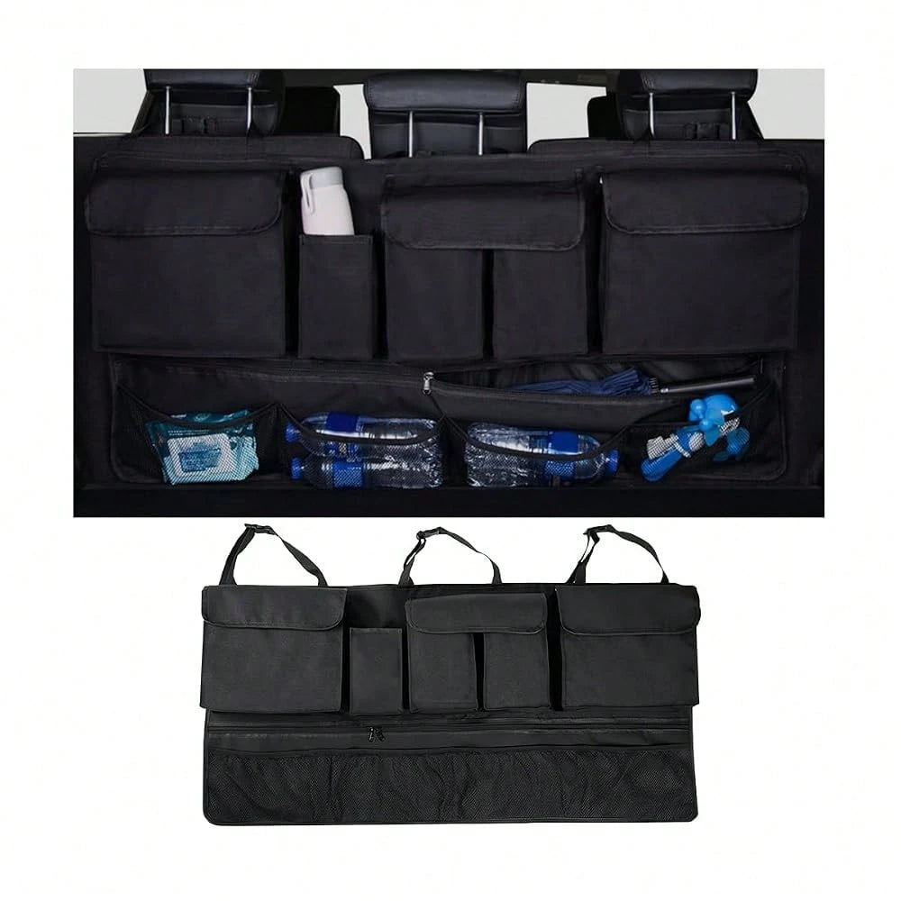 Car Trunk Organizer, Super Capacity Vehicle Hanging Backseat Cargo Storage Bag With Robust Elastic Net, Detachable Auto Seat Back Organ