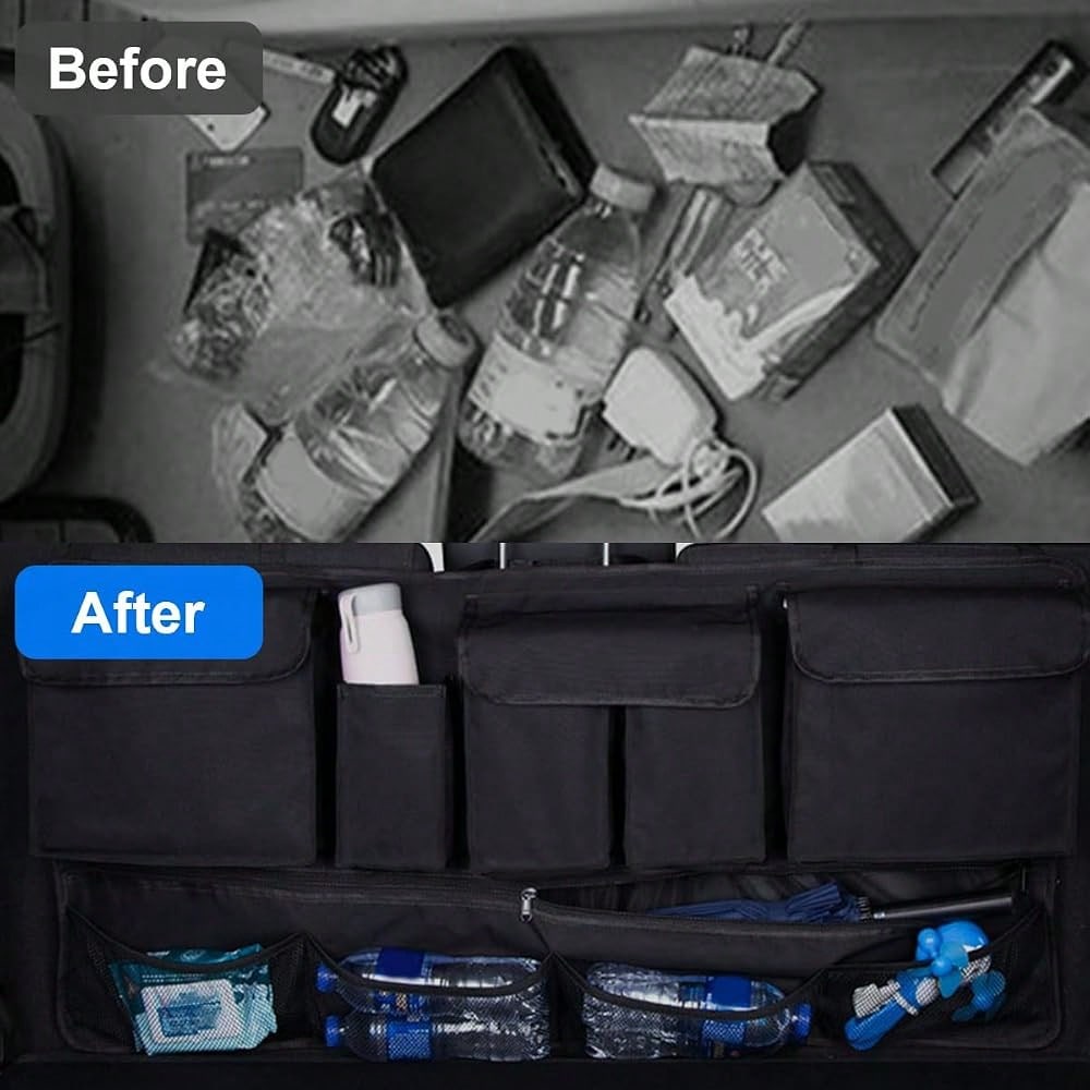 Car Trunk Organizer, Super Capacity Vehicle Hanging Backseat Cargo Storage Bag With Robust Elastic Net, Detachable Auto Seat Back Organ