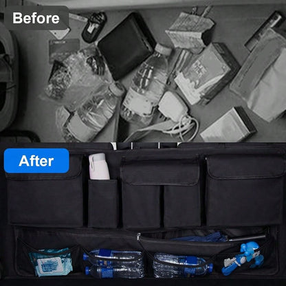 Car Trunk Organizer, Super Capacity Vehicle Hanging Backseat Cargo Storage Bag With Robust Elastic Net, Detachable Auto Seat Back Organ