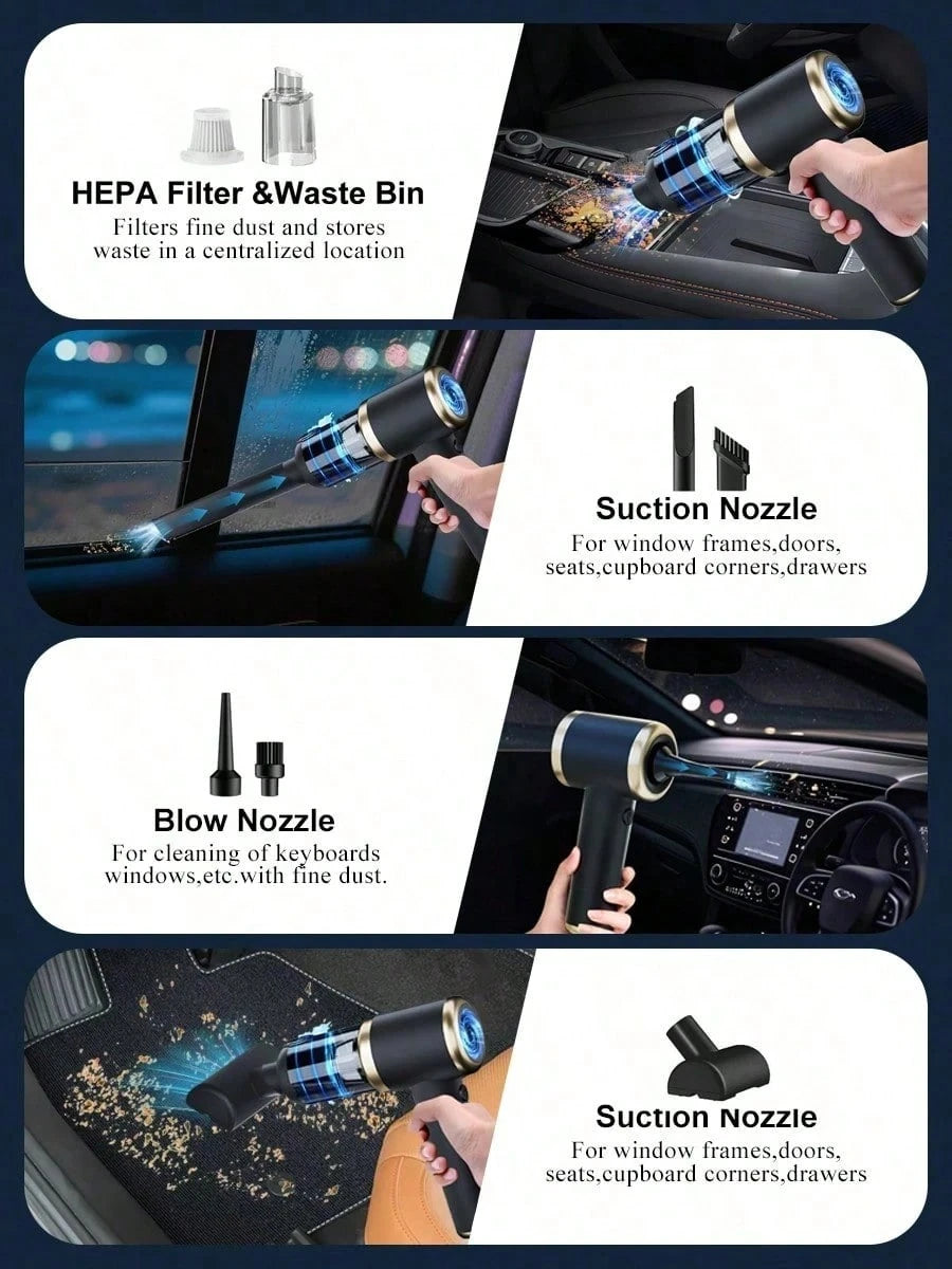 Car Vacuum Cleaner Cordless, High Power Handheld Vacuum Cleaner & Air Duster, 4-In-1 Portable Mini Air Blower With 4000mAh Battery & Multi-Nozzles For Car, Home, Office, Pet Hair