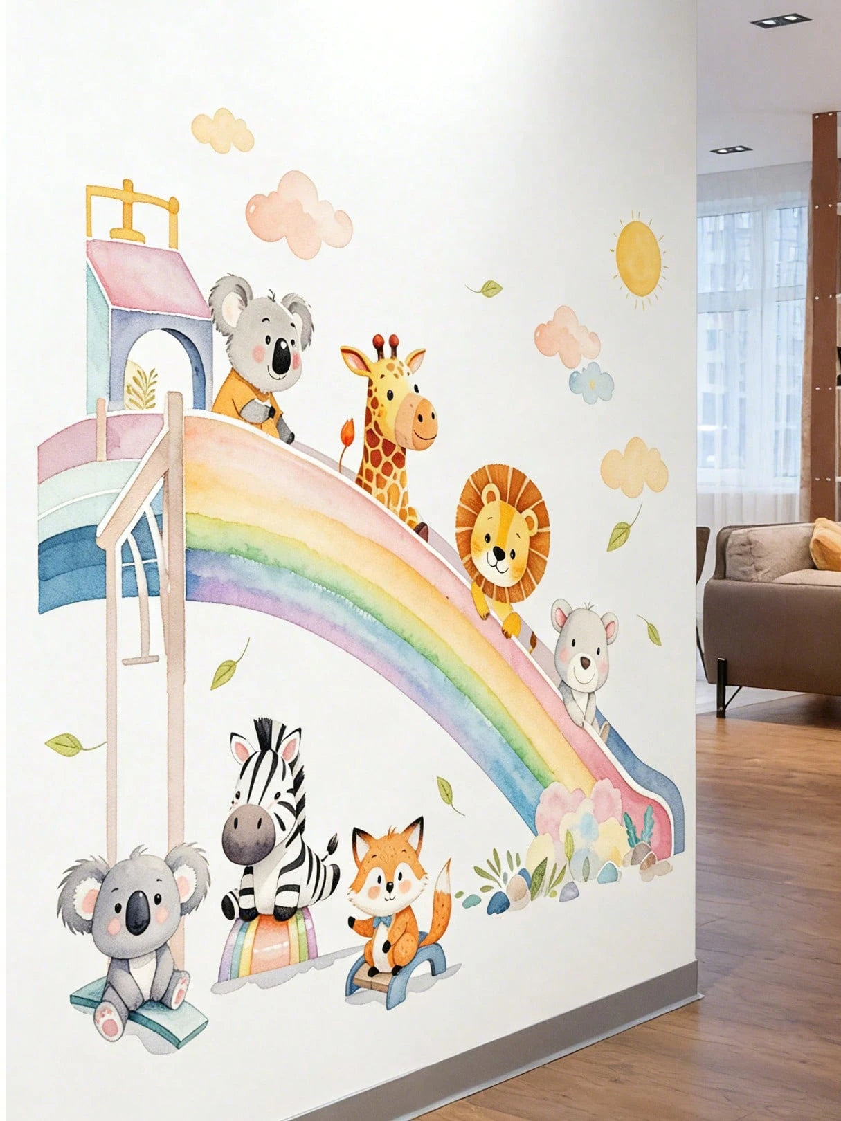 Cartoon Animal, Rainbow Slide, Cloud, Sun Wall Stickers, Suitable For Children's Room, Kindergarten, Self-Adhesive Decorative Wall Decals