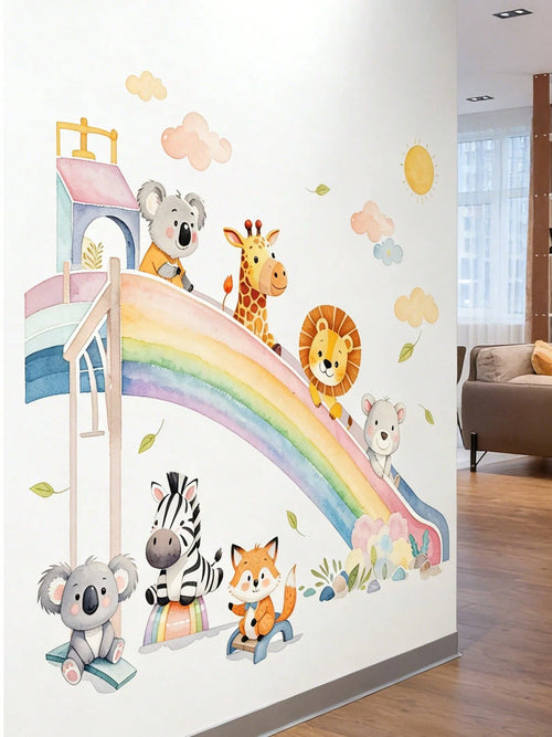 Cartoon Animal, Rainbow Slide, Cloud, Sun Wall Stickers, Suitable For Children's Room, Kindergarten, Self-Adhesive Decorative Wall Decals