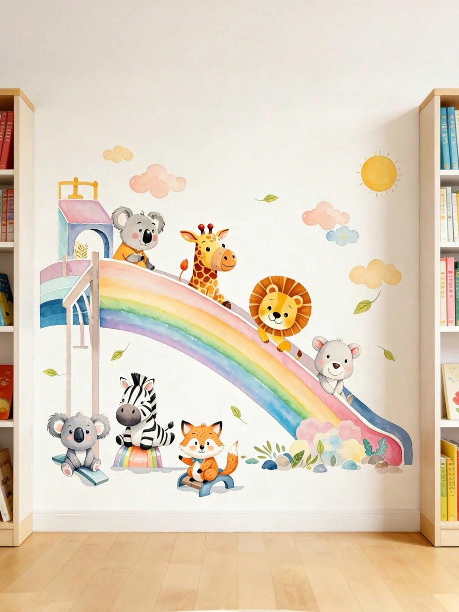 Cartoon Animal, Rainbow Slide, Cloud, Sun Wall Stickers, Suitable For Children's Room, Kindergarten, Self-Adhesive Decorative Wall Decals