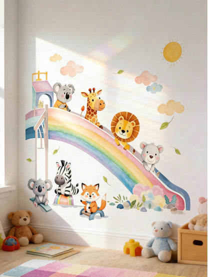 Cartoon Animal, Rainbow Slide, Cloud, Sun Wall Stickers, Suitable For Children's Room, Kindergarten, Self-Adhesive Decorative Wall Decals