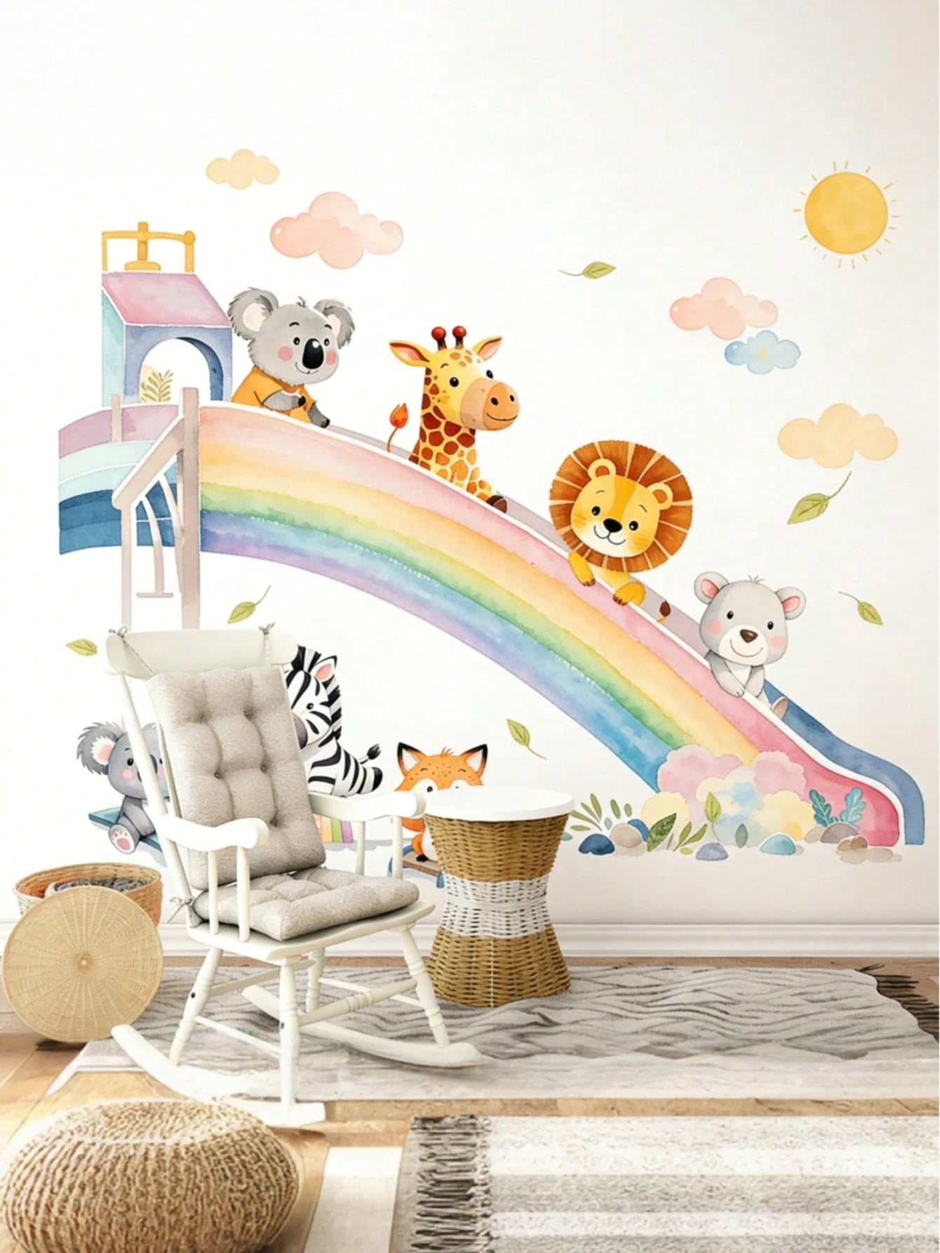 Cartoon Animal, Rainbow Slide, Cloud, Sun Wall Stickers, Suitable For Children's Room, Kindergarten, Self-Adhesive Decorative Wall Decals