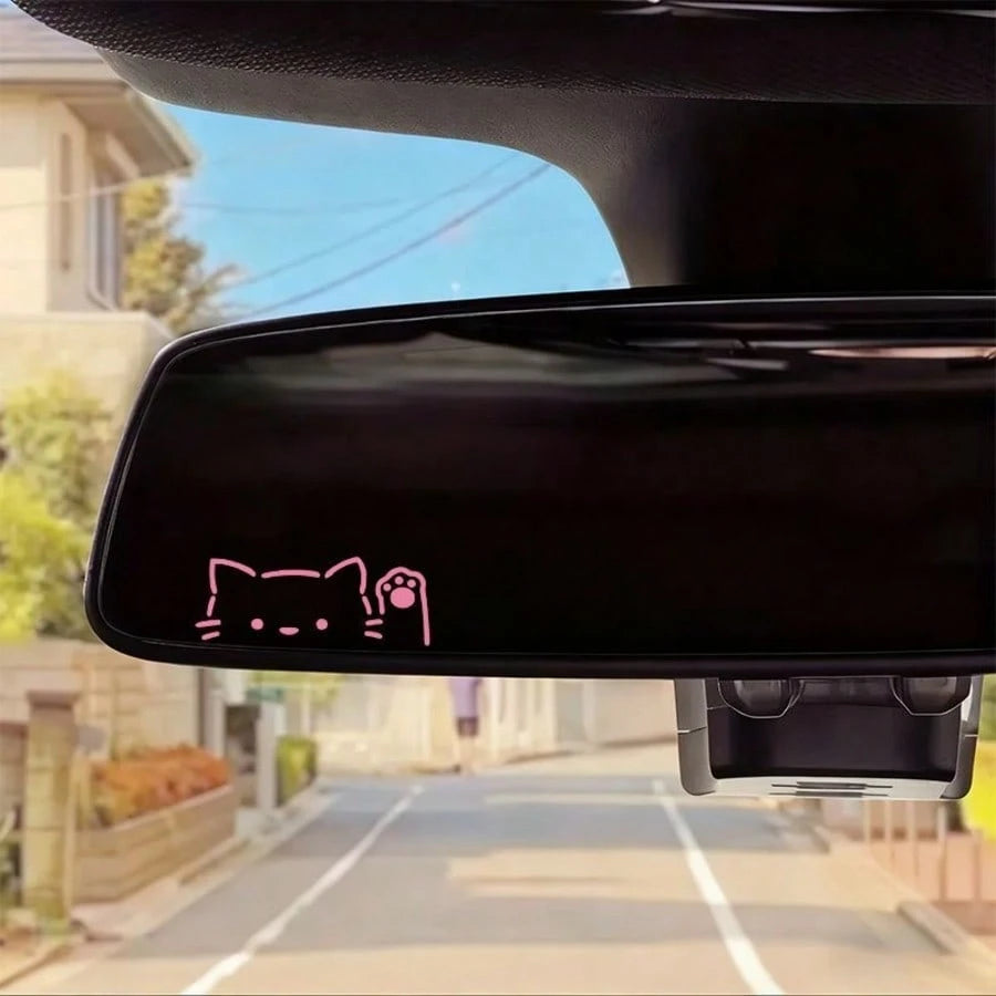 Cartoon Electric Vehicle Rearview Mirror Sticker Cute Waving Cat Car Reverse Mirror Glass Window Scratch Decoration Waterproof
