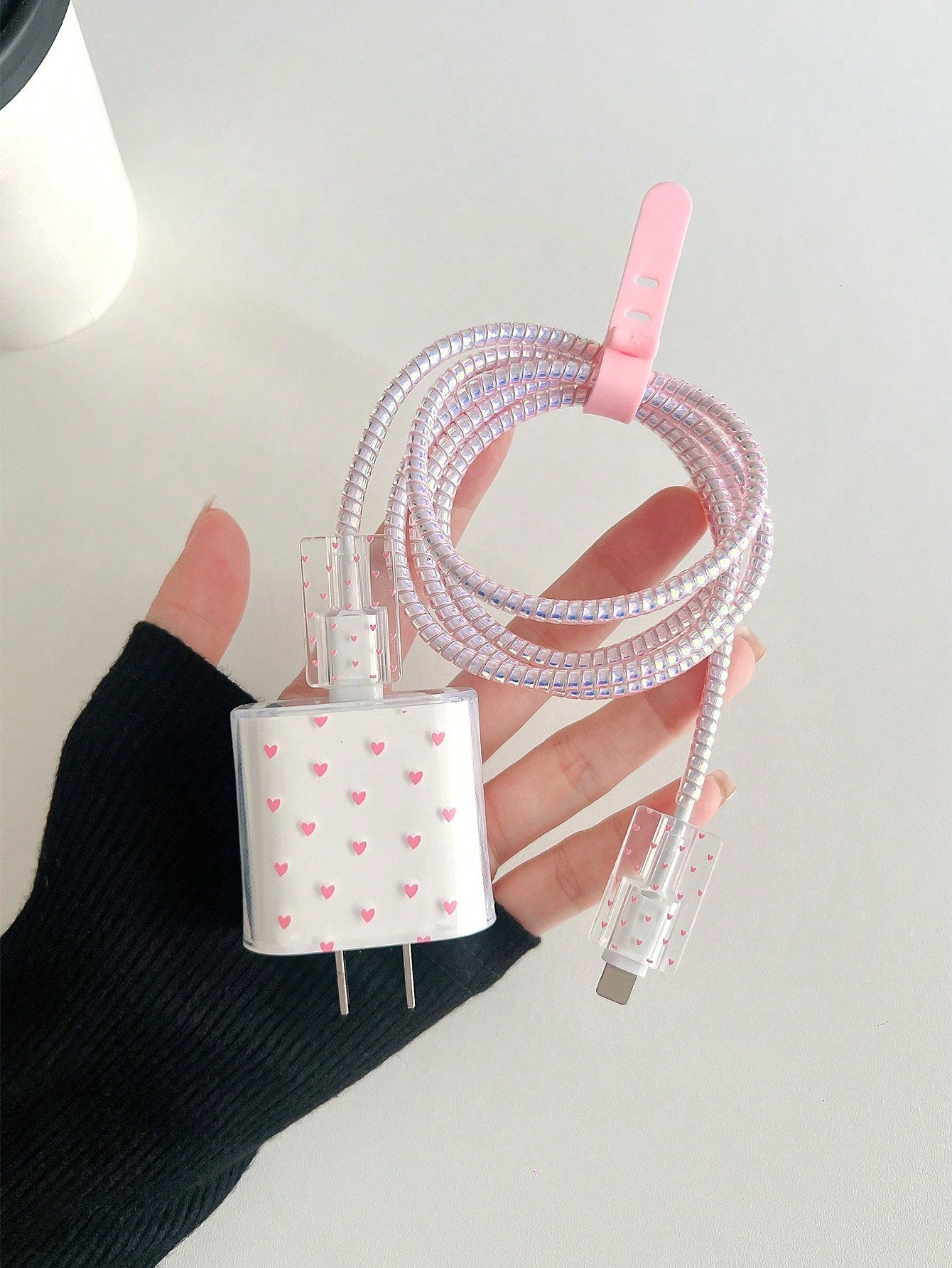 Cartoon Pink Heart Shaped 1.5m Cable Winder, Cord Organizer, Anti-Break Data Cable With Charging Head, 5pcs/Set Compatible With Apple Phone, 20W Fast Charging Data Cable Cable Protector, Charger Prote