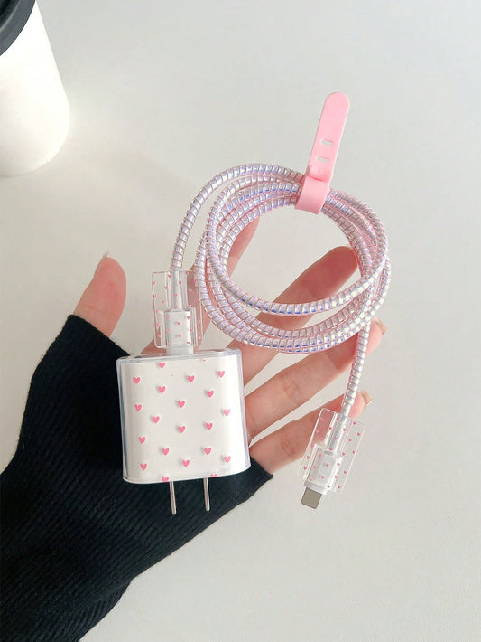 Cartoon Pink Heart Shaped 1.5m Cable Winder, Cord Organizer, Anti-Break Data Cable With Charging Head, 5pcs/Set Compatible With Apple Phone, 20W Fast Charging Data Cable Cable Protector, Charger Prote