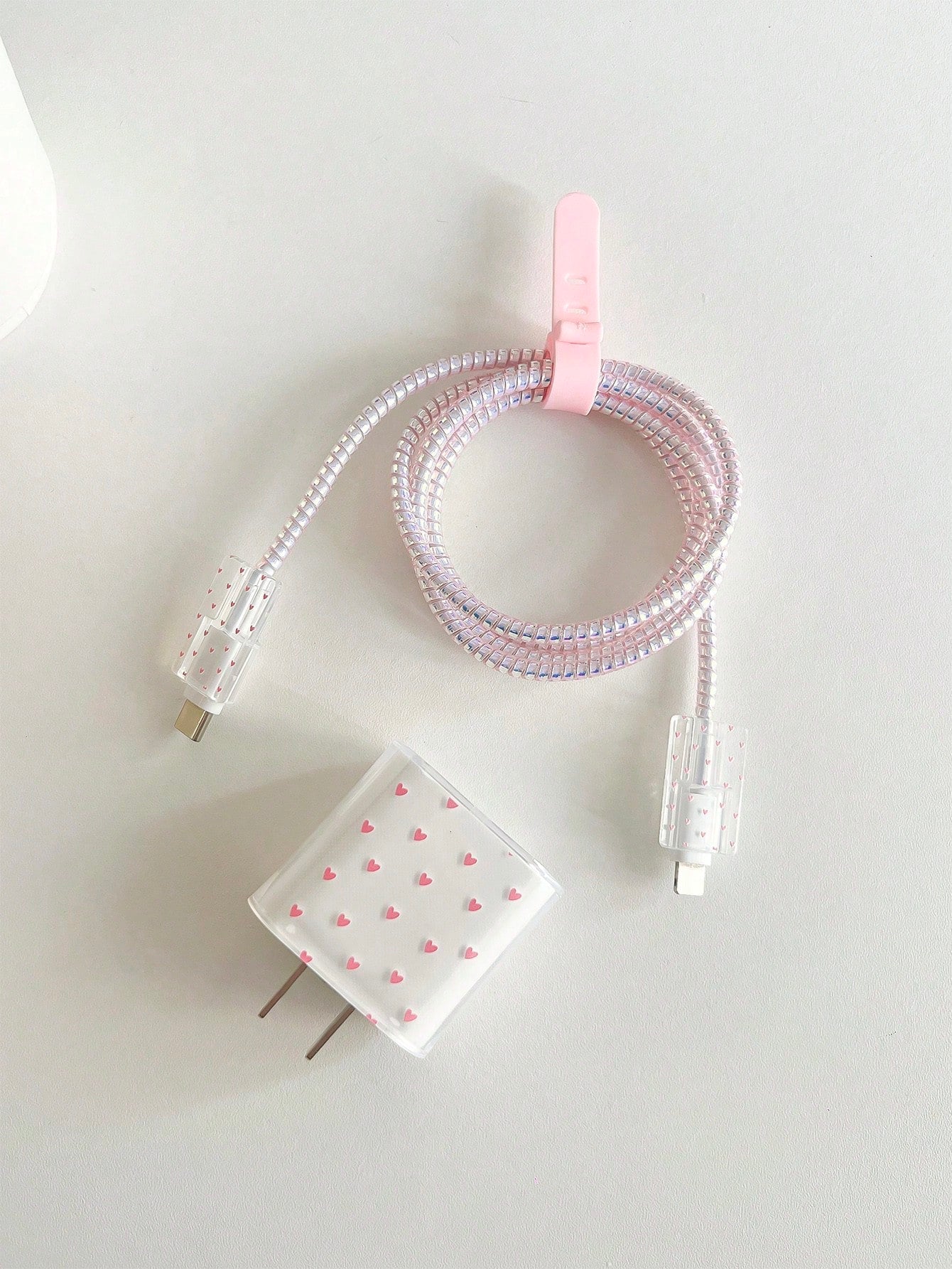 Cartoon Pink Heart Shaped 1.5m Cable Winder, Cord Organizer, Anti-Break Data Cable With Charging Head, 5pcs/Set Compatible With Apple Phone, 20W Fast Charging Data Cable Cable Protector, Charger Prote