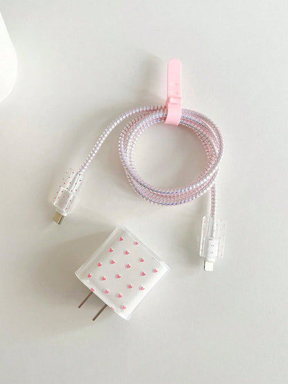 Cartoon Pink Heart Shaped 1.5m Cable Winder, Cord Organizer, Anti-Break Data Cable With Charging Head, 5pcs/Set Compatible With Apple Phone, 20W Fast Charging Data Cable Cable Protector, Charger Prote