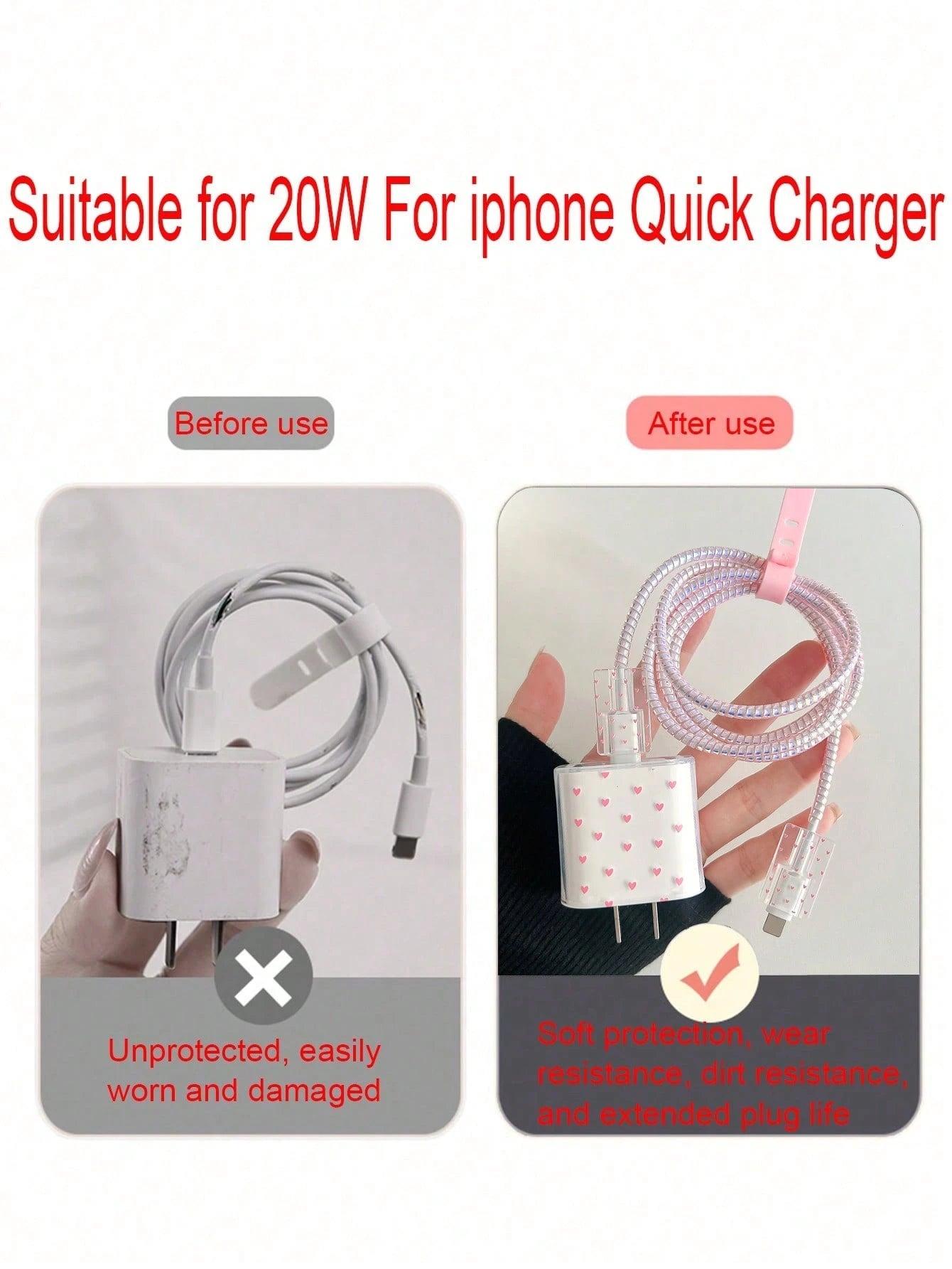 Cartoon Pink Heart Shaped 1.5m Cable Winder, Cord Organizer, Anti-Break Data Cable With Charging Head, 5pcs/Set Compatible With Apple Phone, 20W Fast Charging Data Cable Cable Protector, Charger Prote
