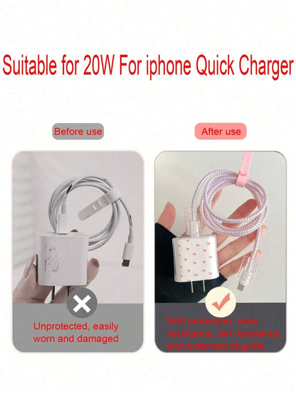 Cartoon Pink Heart Shaped 1.5m Cable Winder, Cord Organizer, Anti-Break Data Cable With Charging Head, 5pcs/Set Compatible With Apple Phone, 20W Fast Charging Data Cable Cable Protector, Charger Prote