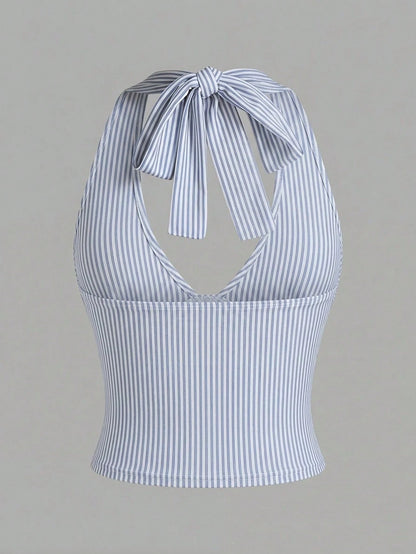 Casual Minimalist All-Match, Blue & White Striped, Beach/Vacation, Women Summer Wear, Halter Neck Tie Up Top, Summer Top