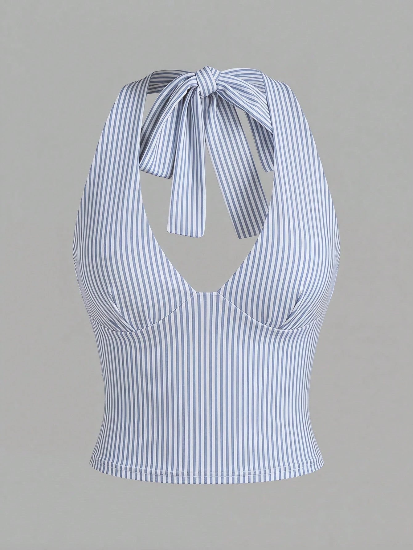 Casual Minimalist All-Match, Blue & White Striped, Beach/Vacation, Women Summer Wear, Halter Neck Tie Up Top, Summer Top