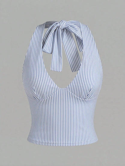Casual Minimalist All-Match, Blue & White Striped, Beach/Vacation, Women Summer Wear, Halter Neck Tie Up Top, Summer Top