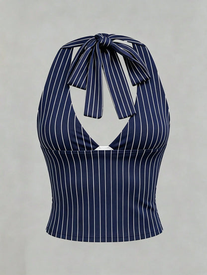 Casual Minimalist All-Match, Blue & White Striped, Beach/Vacation, Women Summer Wear, Halter Neck Tie Up Top, Summer Top