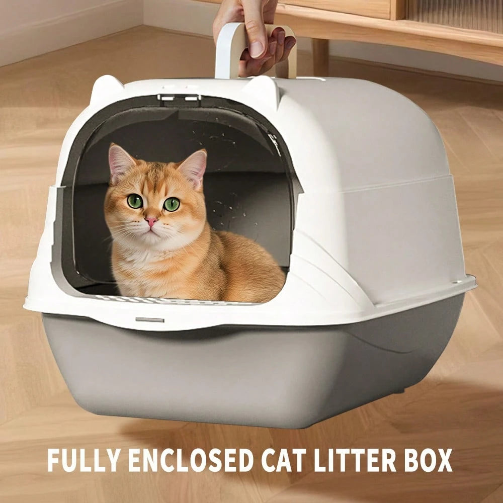 Cat Litter Box Enclosure Anti Splashcat Cat Toilet With Handle Clamshell Deodorization Kitty Litter Box Cat Supplies (Grey)
