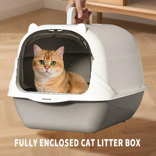Cat Litter Box Enclosure Anti Splashcat Cat Toilet With Handle Clamshell Deodorization Kitty Litter Box Cat Supplies (Grey)