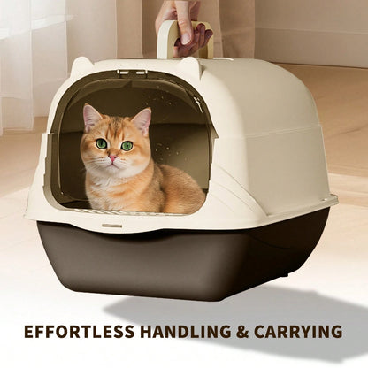 Cat Litter Box Enclosure Anti Splashcat Cat Toilet With Handle Clamshell Deodorization Kitty Litter Box Cat Supplies (Grey)