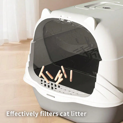 Cat Litter Box Enclosure Anti Splashcat Cat Toilet With Handle Clamshell Deodorization Kitty Litter Box Cat Supplies (Grey)