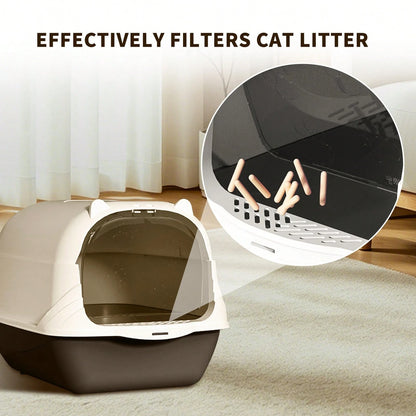 Cat Litter Box Enclosure Anti Splashcat Cat Toilet With Handle Clamshell Deodorization Kitty Litter Box Cat Supplies (Grey)