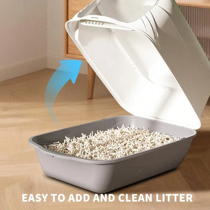 Cat Litter Box Enclosure Anti Splashcat Cat Toilet With Handle Clamshell Deodorization Kitty Litter Box Cat Supplies (Grey)