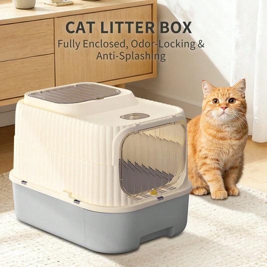 Cat Litter Box With Lid, Fully Enclosed Cat Litter Box With Spoon, Standard Small Cat Litter Box With Drawer, Cat Box With Front Entrance And Top Exit, Non-Stick, Leak-Proof, Easy To Clean